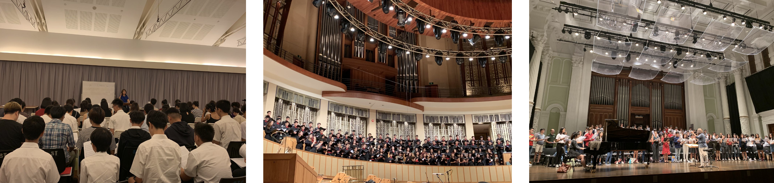 Three choir scenes: a classroom rehearsal, a large choir in a concert hall with pipe organ, and a group on stage.